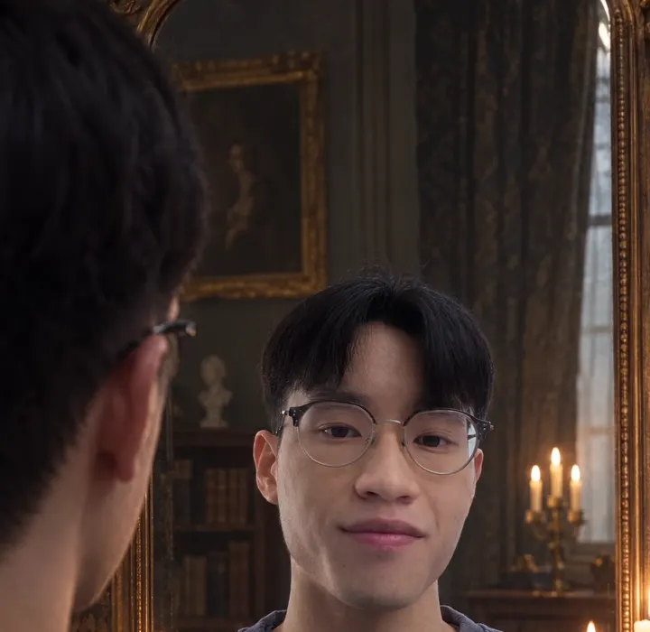 Higgsfield /🕯️ 鏡中倒影指令生成的影片畫面：燭光下的古典鏡子，鏡中的人在微笑