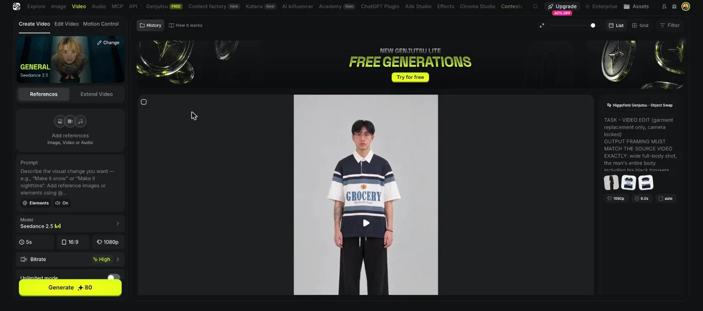 Higgsfield Create Video 面板