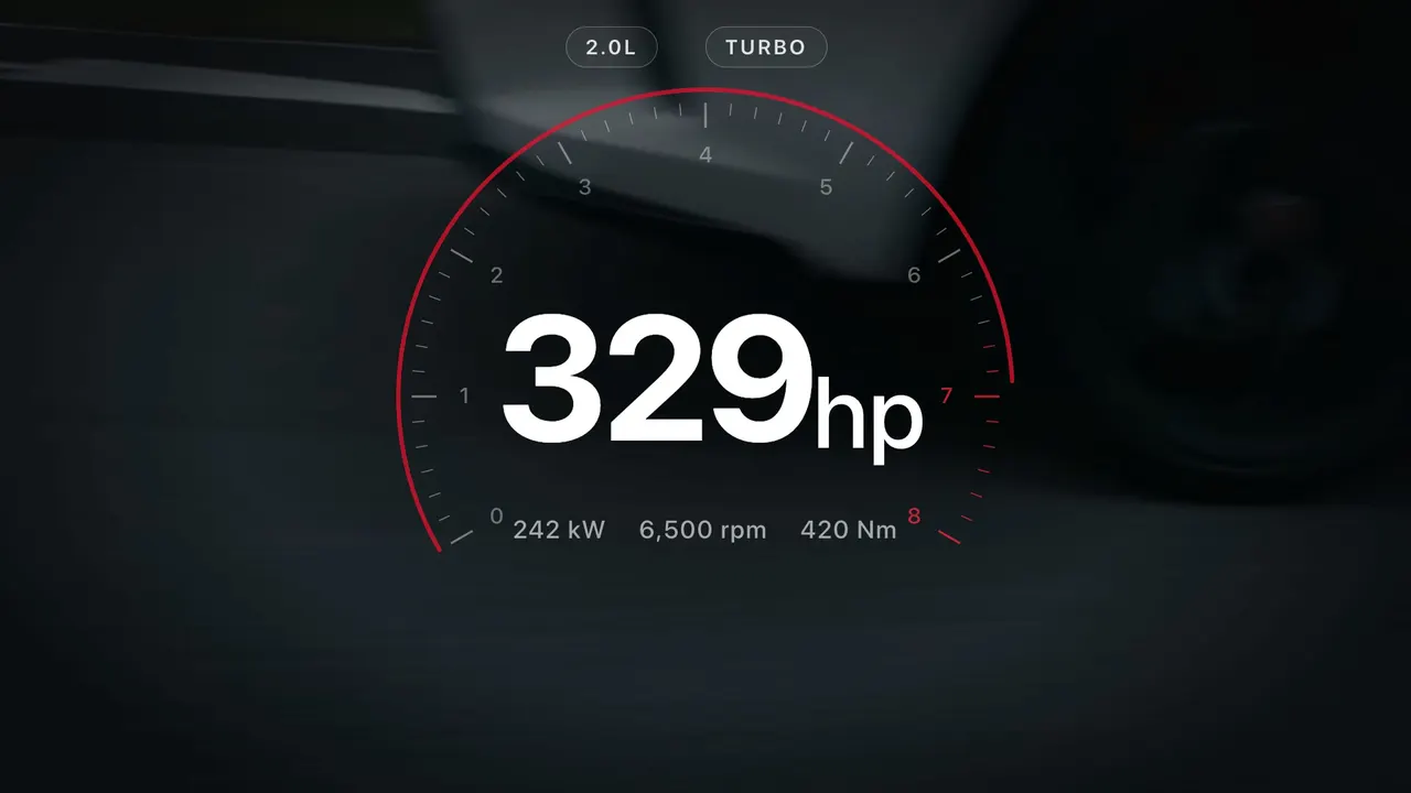 廣告畫面：官方行車片段上疊加轉速錶和「329hp」大字，下面列出 242 kW、6,500 rpm、420 Nm