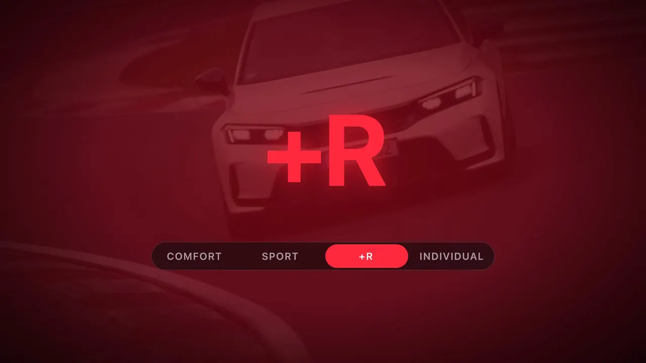 廣告畫面：紅色畫面中央是「+R」大字，下面的模式選擇列由 Comfort、Sport 跳到 +R