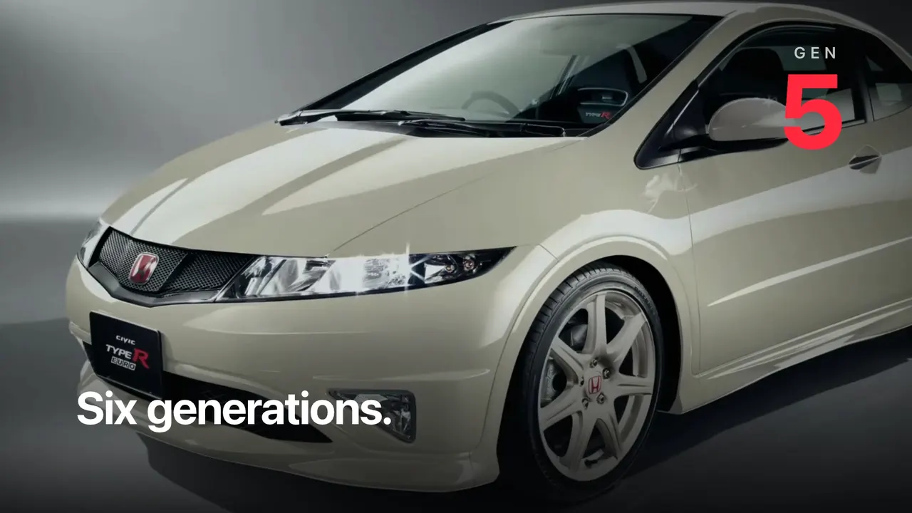 廣告畫面：歷代 Civic Type R 快速蒙太奇，右上角計數器顯示 GEN 5，左下角字幕「Six generations.」