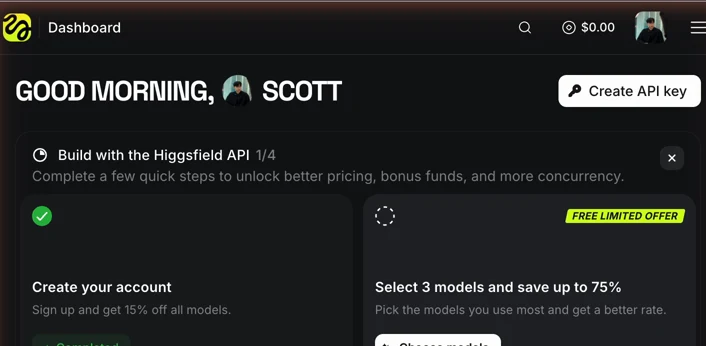 Higgsfield API Dashboard 右上角的 Create API key 按鈕