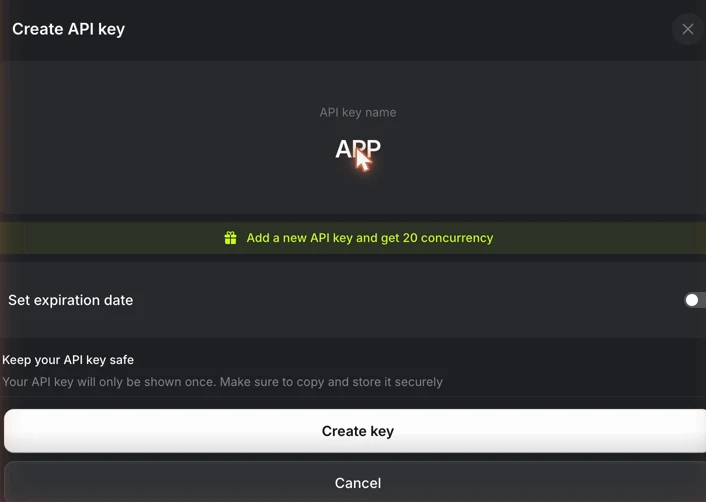 Create API key 視窗，名稱輸入 APP