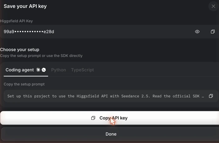 Save your API key 視窗，下方有 Copy API key 按鈕