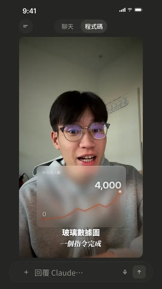 玻璃數據圖效果：玻璃卡片顯示數字升到 4,000 和上升曲線