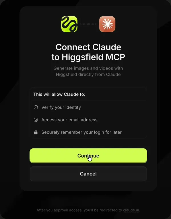 Connect Claude to Higgsfield MCP 授權頁面，按 Continue 允許